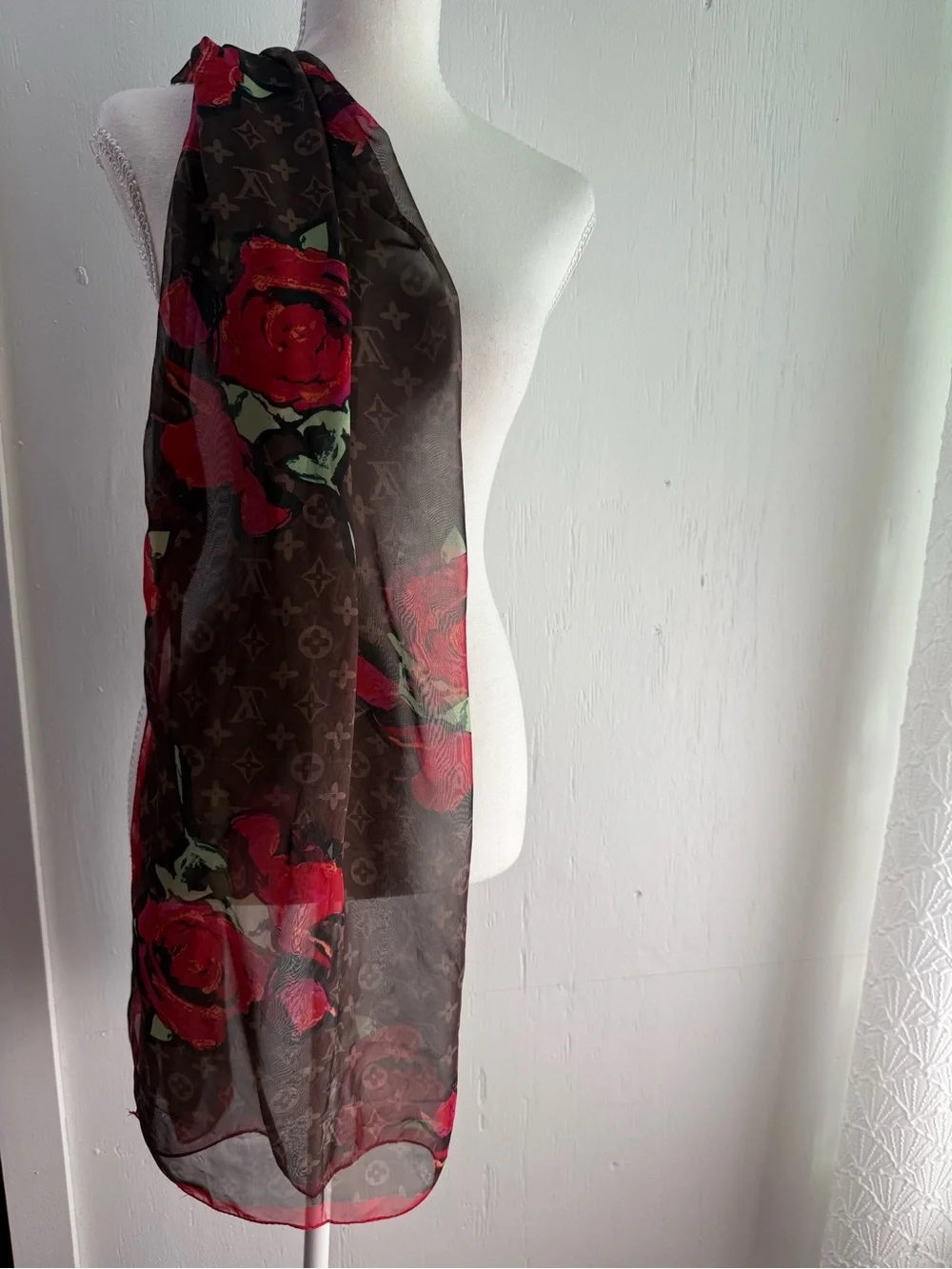 Louis Vuitton Brown Scarf with Red Rose Print